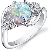 PEORA Created White Fire Opal Ring for Women 925 Sterling Silver, Stunning 3-Stone Design, 1.75 Carats Round Shape 8mm, Sizes 5 to 9