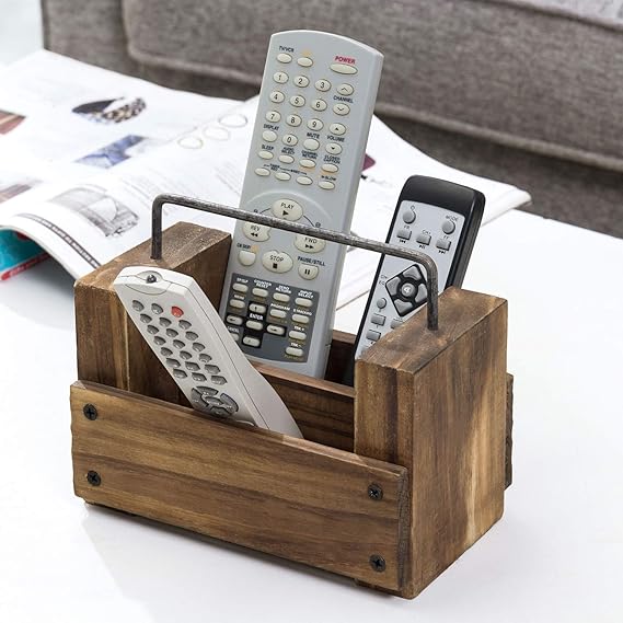 MyGift Light Brown Rustic Burnt Wood Remote Control Holder