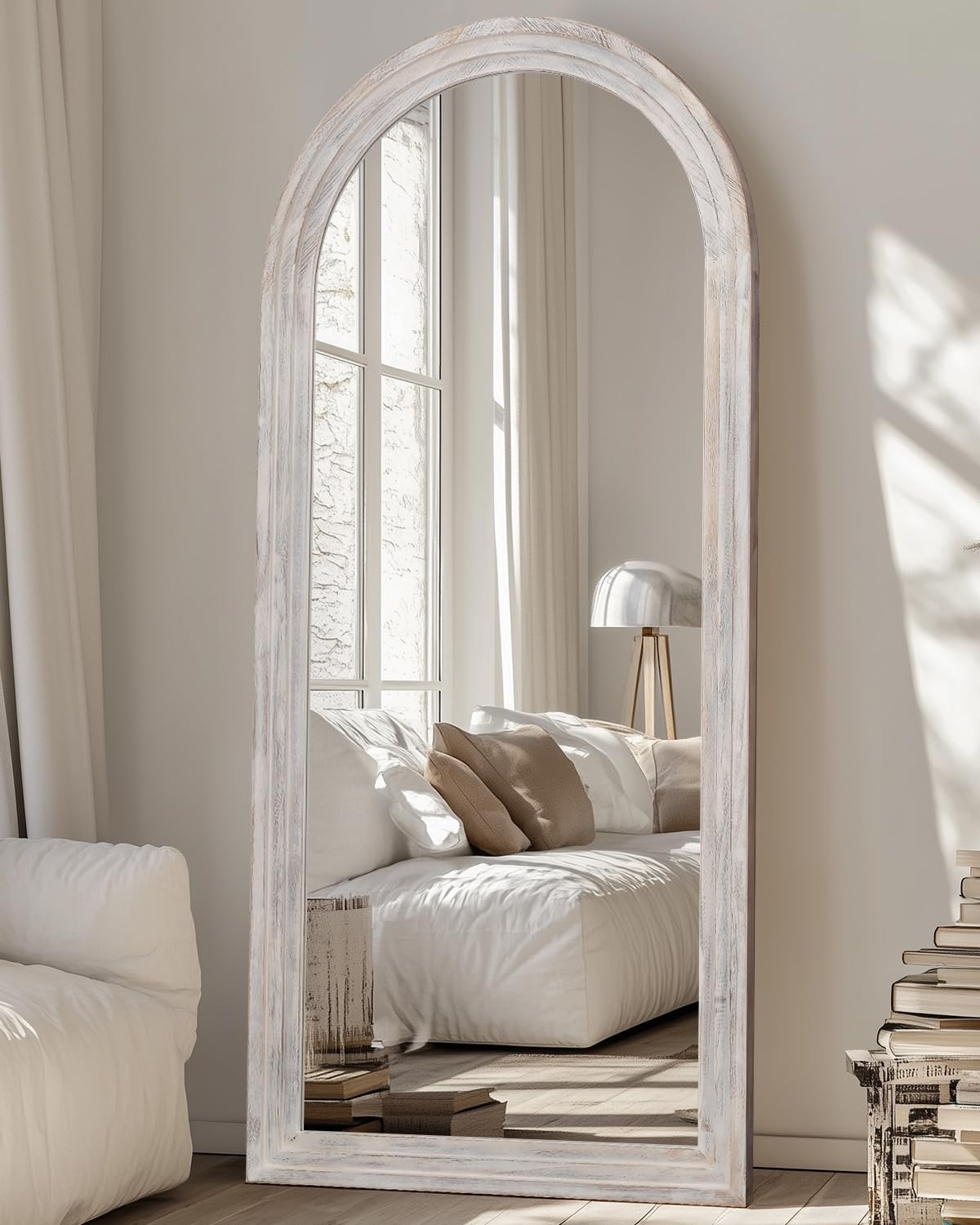 Photo 1 of **DAMAGED FRAME** Coomily Full Length Mirror, 71"×32" Wooden Mirror Full Length with Stand Wood Floor Mirror, Oversized Stand Up Mirrors Large Wall Mirrors, Wall Mounted Mirrors, Arched Vintage Style, White