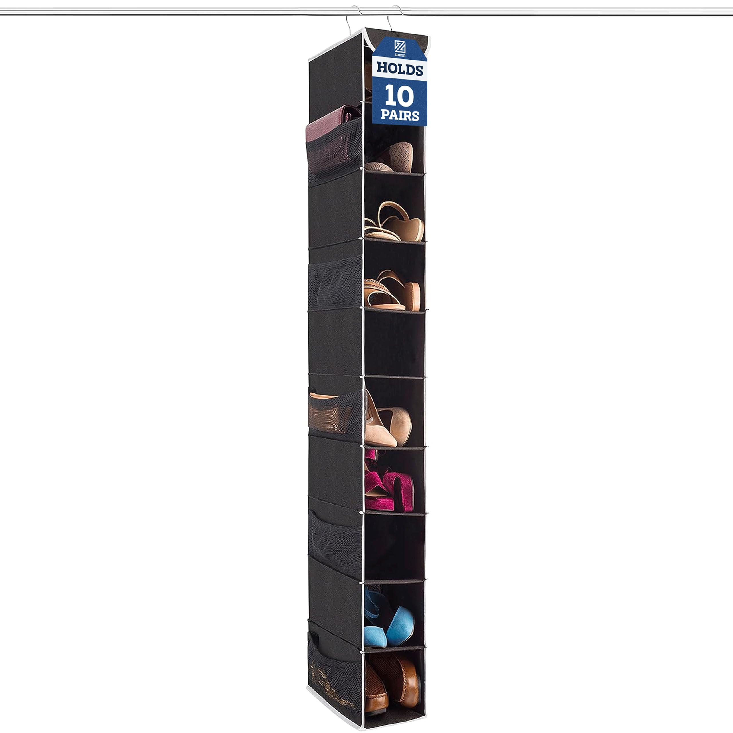Premium 10-Shelf Hanging Shoe Storage Organiser With Side Mesh Pockets- Superior Tear Proof Fabric, Hanging Shoe Shelves With 2 Hooks- Collapsible Wardrobe Storage Closet Organiser for Shoes & Clothes