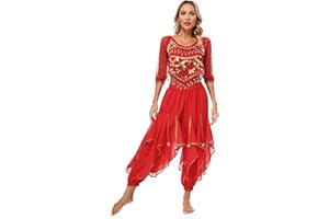 YOOJOO Women Belly Dance Indian Bollywood Halloween Costume Sequined Crop Tops with Pants 2-Piece Dance Outfits