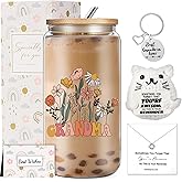 Grandma Christmas Gifts, Thanksgiving Gifts for Grandma from Grandchildren Granddaughter Grandson, Unique Godmother Birthday Gift Set with 16Oz Glass Cup Necklace