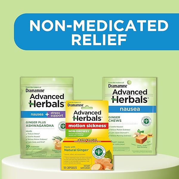 FROM THE MAKERS OF DRAMAMINE, ADVANCED HERBALS, GINGER CHEWS, NAUSEA RELIEF SOFT CHEWS LEMON-HONEY-GINGER, 6 COUNT, 12 PACK