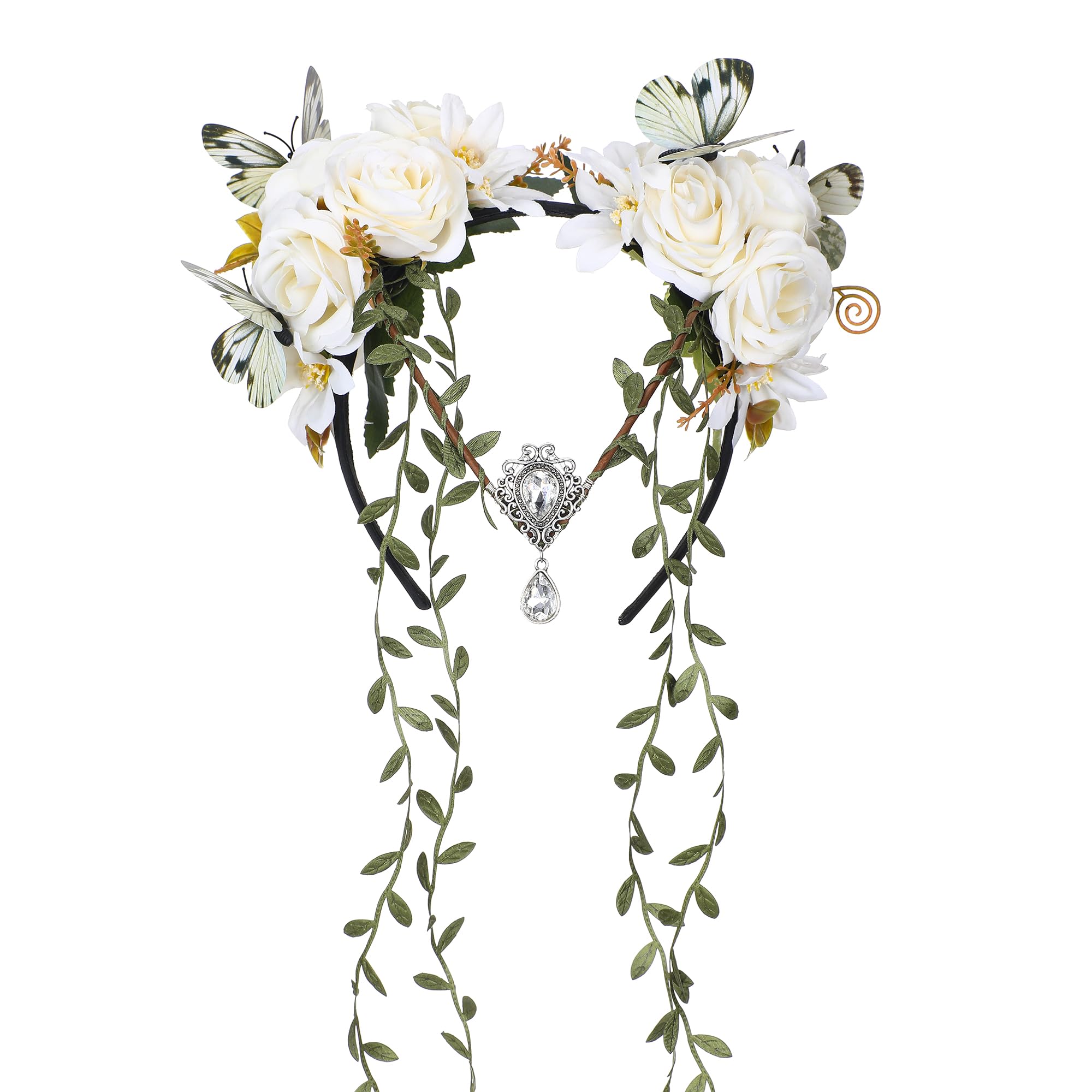 Photo 1 of MOSTORY White Fairy Flower Crown - Elf Vine Headpiece Floral Headband with Butterfly Fairy Costume for Women Renaissance White Wedding Party Cosplay Renfaire Halloween