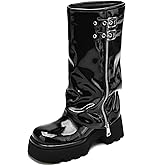 TEAIEUI Knee High Boots Women Chunky Platform Moto Riding Boots Slouchy Fold Over Wide Calf Motorcycle Biker Boots for Women with Fashion Buckle