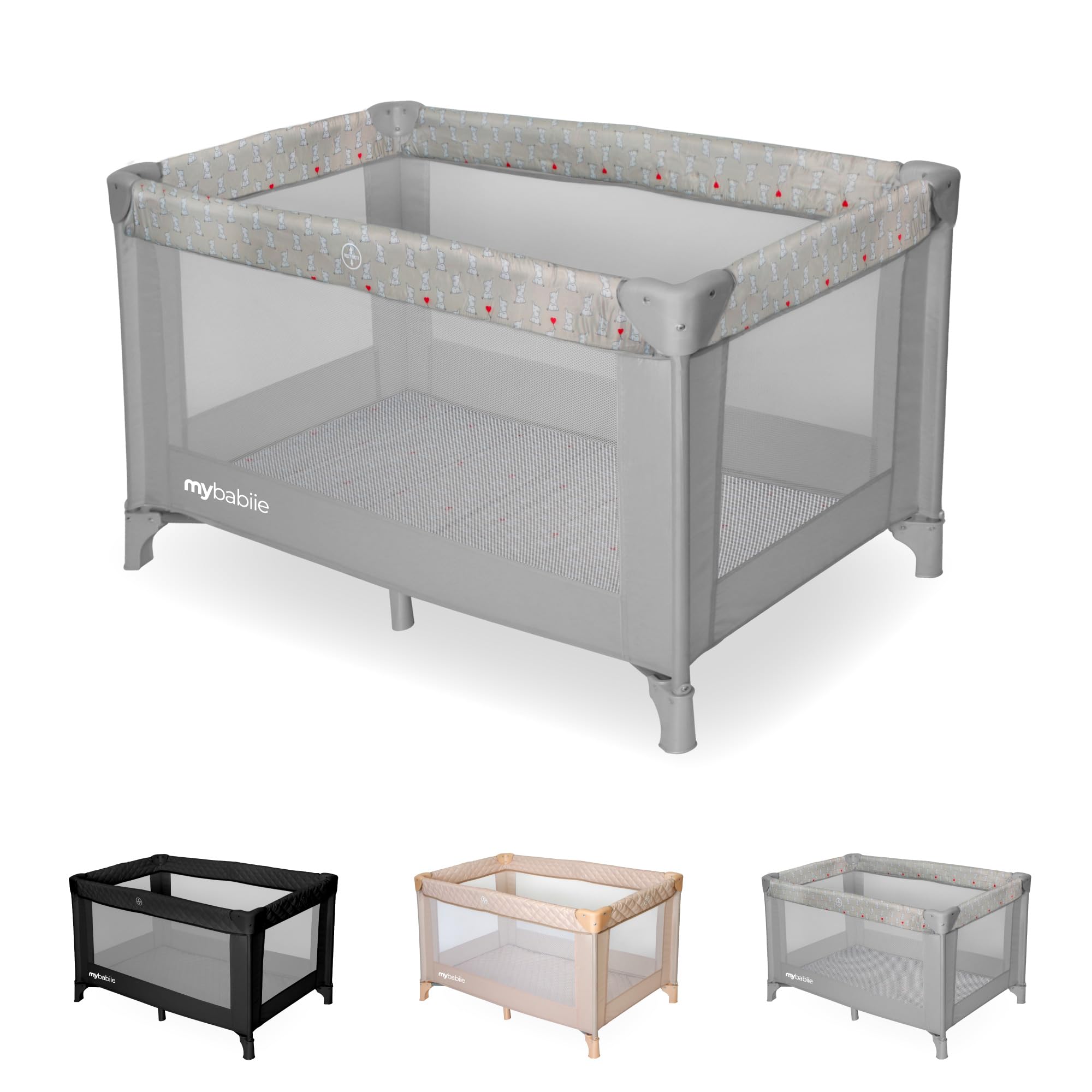 My Babiie Travel Cot - Lightweight, From Birth to 15kg, Easy Fold & Compact, Travel Bag, 120cm x 60cm Padded Mattress - Grey Elephants