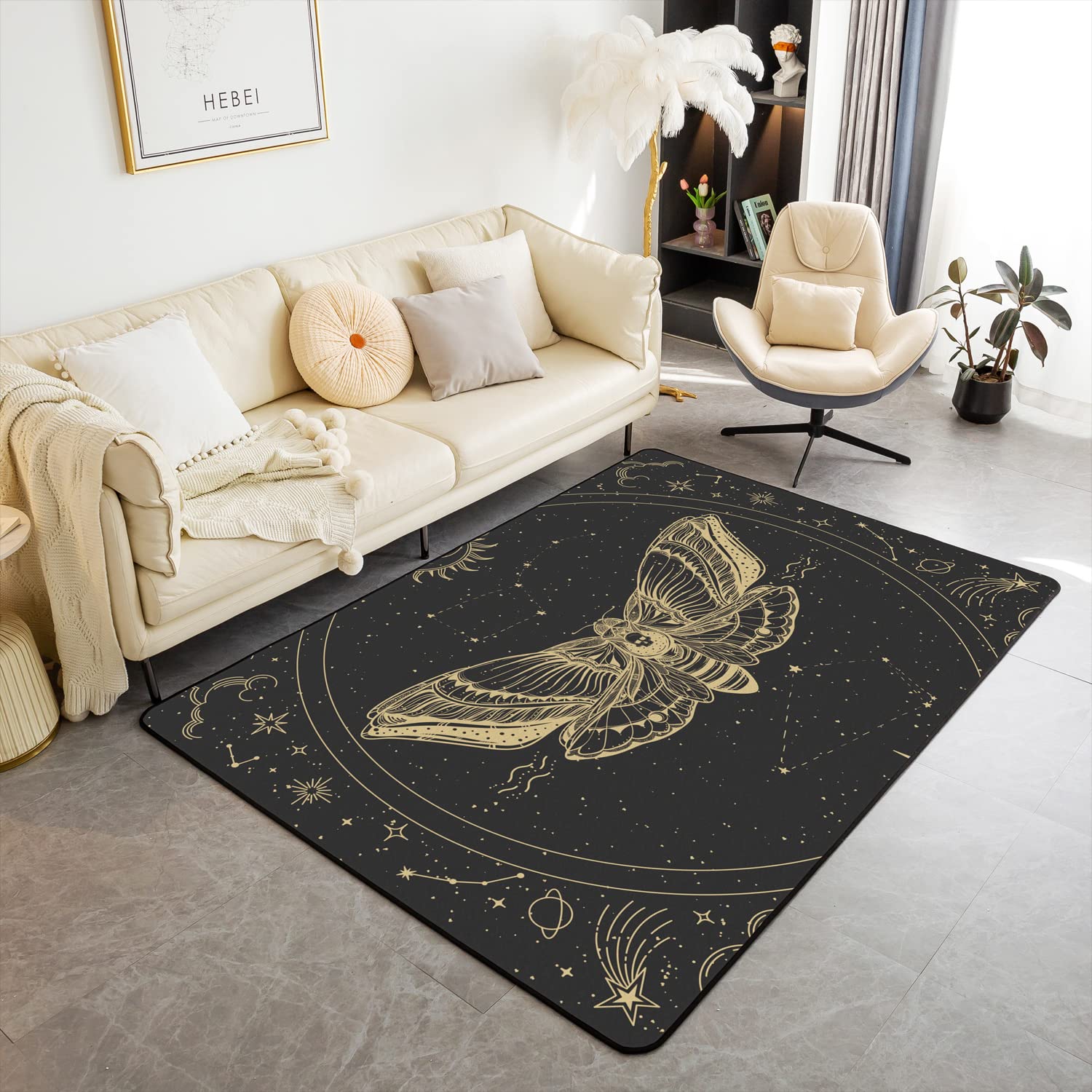 Homemissing Death Moth Area Rug Kids Sun Moon Decorative Carpet Skull Decor Rugs for Living Room Boho Exotic Halloween Decorations Gold Grey Indoor Floor Mat Room DecorAccent Rug 100 * 150cm