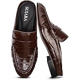 SUIARA Penny Loafers for Women Chunky Heel Flat Mules Round Toe Slip on Comfortable Loafers Casual Slides Shoes