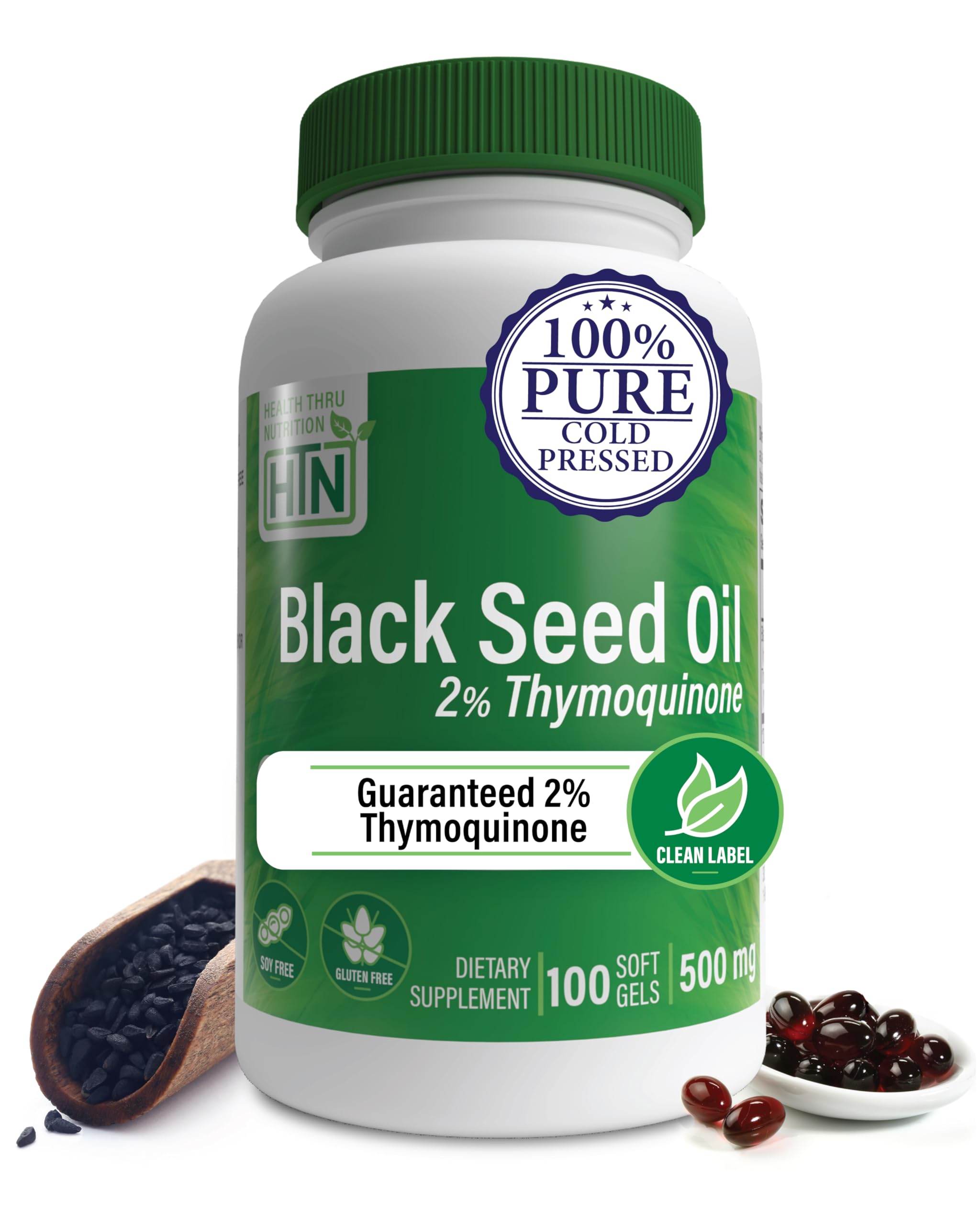Black Seed Oil 500mg 2% Thymoquinone (10mg TQ per Serving) 100 Count – 100% Pure Cold-Pressed - Soy-Free & Non-GMO by Health Thru Nutrition