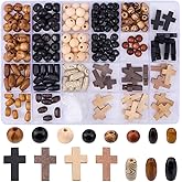SUNNYCLUE 1 Box 290Pcs Cross Wood Beads Kit Easter Wooden Cross Beads Crucifix Mini Crosses Cross Bead Charms Wooden Round Spacer Beads for Jewelry Making DIY Earrings Bracelet Rosaries Supplies