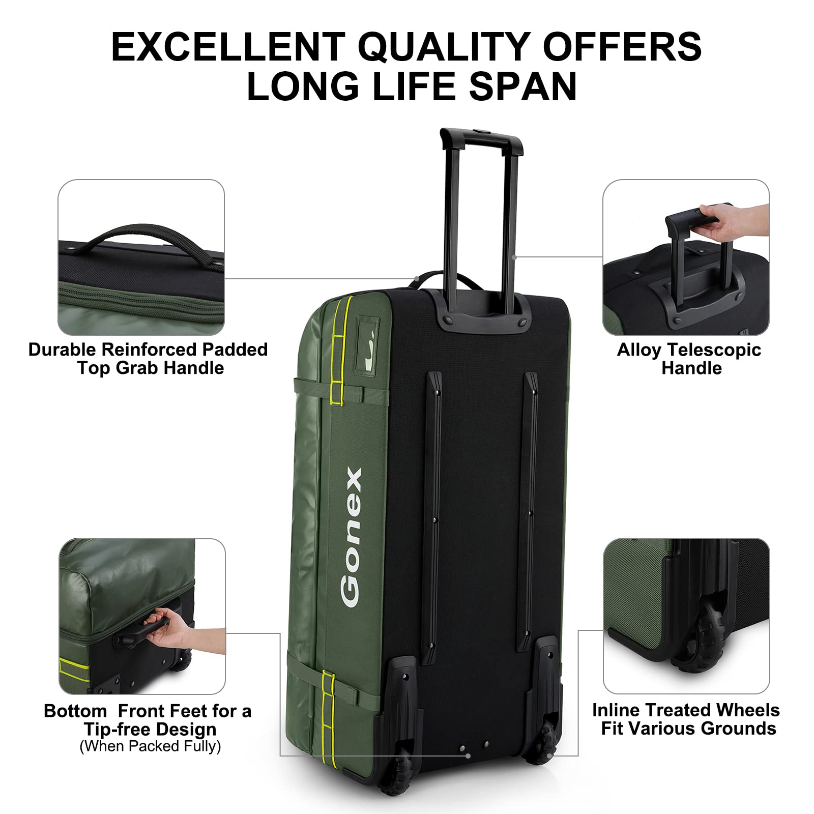 Gonex Rolling Duffle Bag with Wheels, 100L Water Repellent Large Wheeled Travel Duffel Luggage with Rollers 33 inch, Olive Green