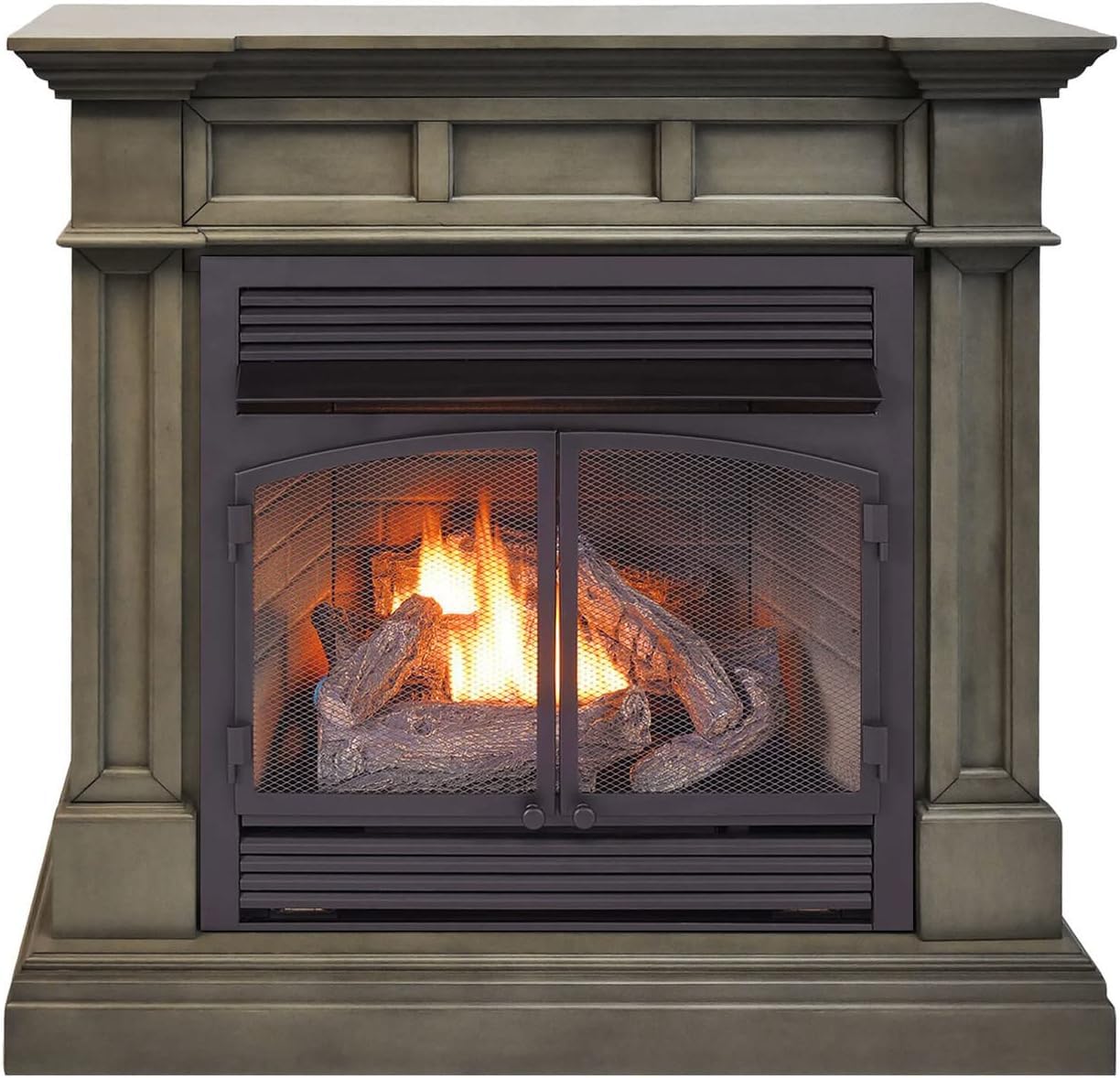 Image showing various components of the fireplace system, including the Oxygen Depletion Sensor, assembly tools, solid wood mantel, and hand-painted logs.