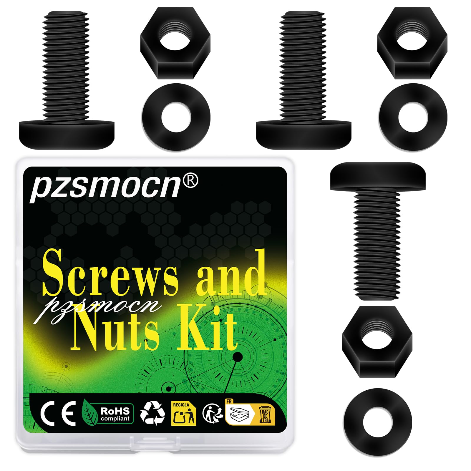Pzsmocn 150 Pieces/50 Sets M6*15 mm Plastic Black Nylon Cross Round Head Screw Hexagonal Nut Combination Kit, with Insulating Washers, Standard Size, For DIY and Electronic Assembly.