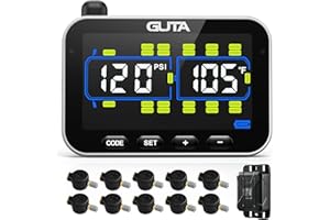 GUTA Tire Pressure Monitoring System, RV Trailer TPMS with 10 Flow Thru Sensors & Color LCD Display, 6 Alert Modes, Signal Booster, Long-Distance Sensing, for Trailer, Trucks, Motor Home (0-188 PSI)