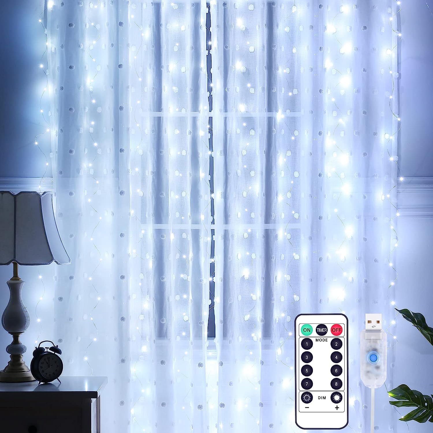 Yizhet Curtain Lights 3m x 3m, 300 LED String Lights With 8 Modes, Remote Control Waterproof Fairy Lights for Bedroom, Wedding, Party (Cool White)