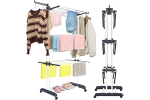 Foldable Clothes Drying Rack,4-Tier Clothes Hanger Large Adjustable Stainless Steel Garment Laundry Racks Folds Flat for Easy