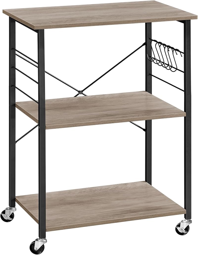 VASAGLE Kitchen Shelf on Wheels 3-Tier Trolley Greige Black KKS060B02