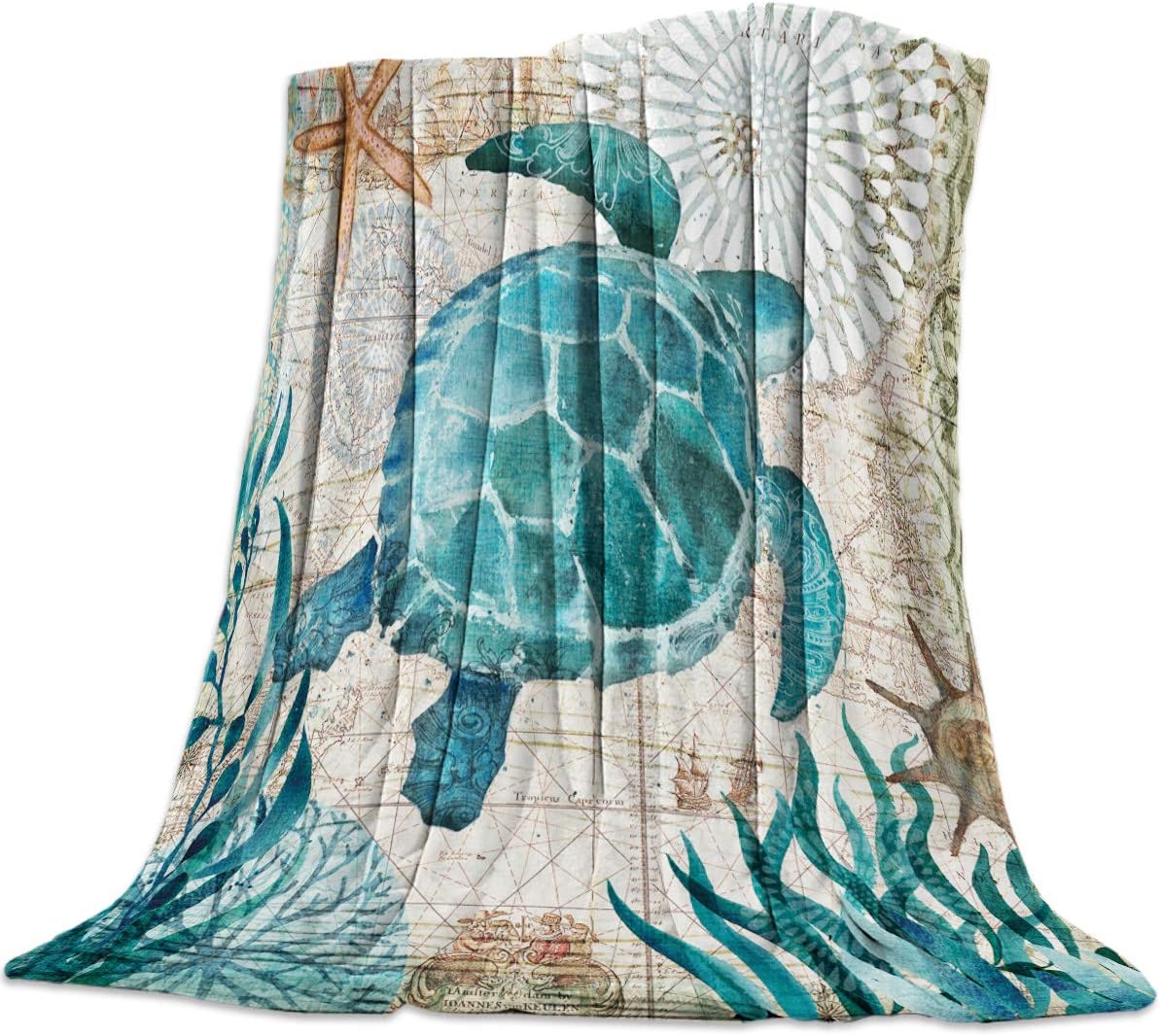 Lightweight Fleece Blankets Reversible Throw Cozy Plush Microfiber All-Season Blanket for Bed/Couch - Twin Size 50x80 Inch, Marine Life Sea Turtle and Starfish