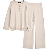 LILLUSORY Women's 2 Piece Oversized Slouchy Matching Lounge Sets | Comfy Knit Loungewear, Airport Travel Outfits, Henley Button Drop Shoulder Tunic &amp; Wide Leg Pull-on Pants