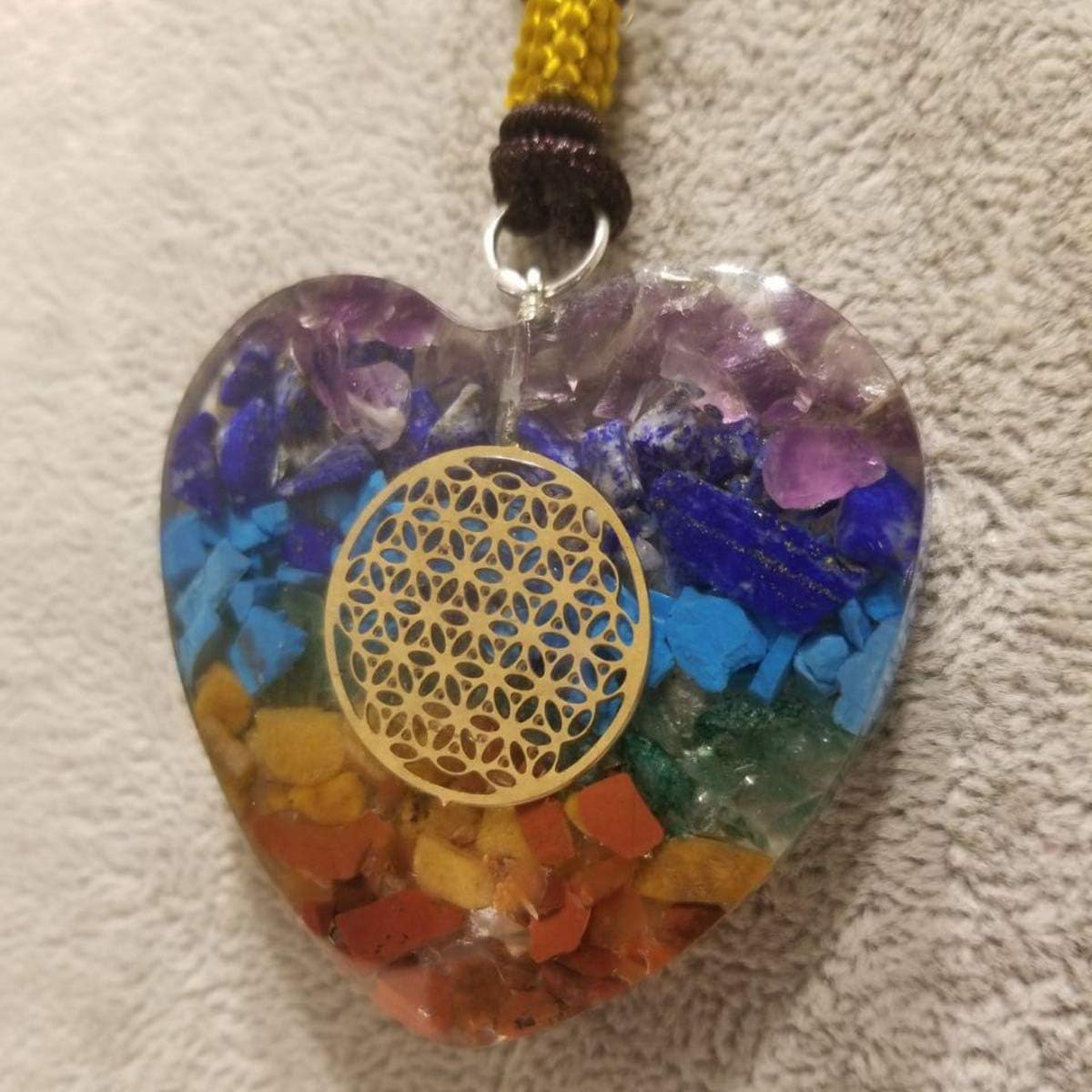Orgone Heart Shape Pendant Chakras Stones Chakra Cleansing Pendant Necklace EMF Protection with The Flower of Life Symbol