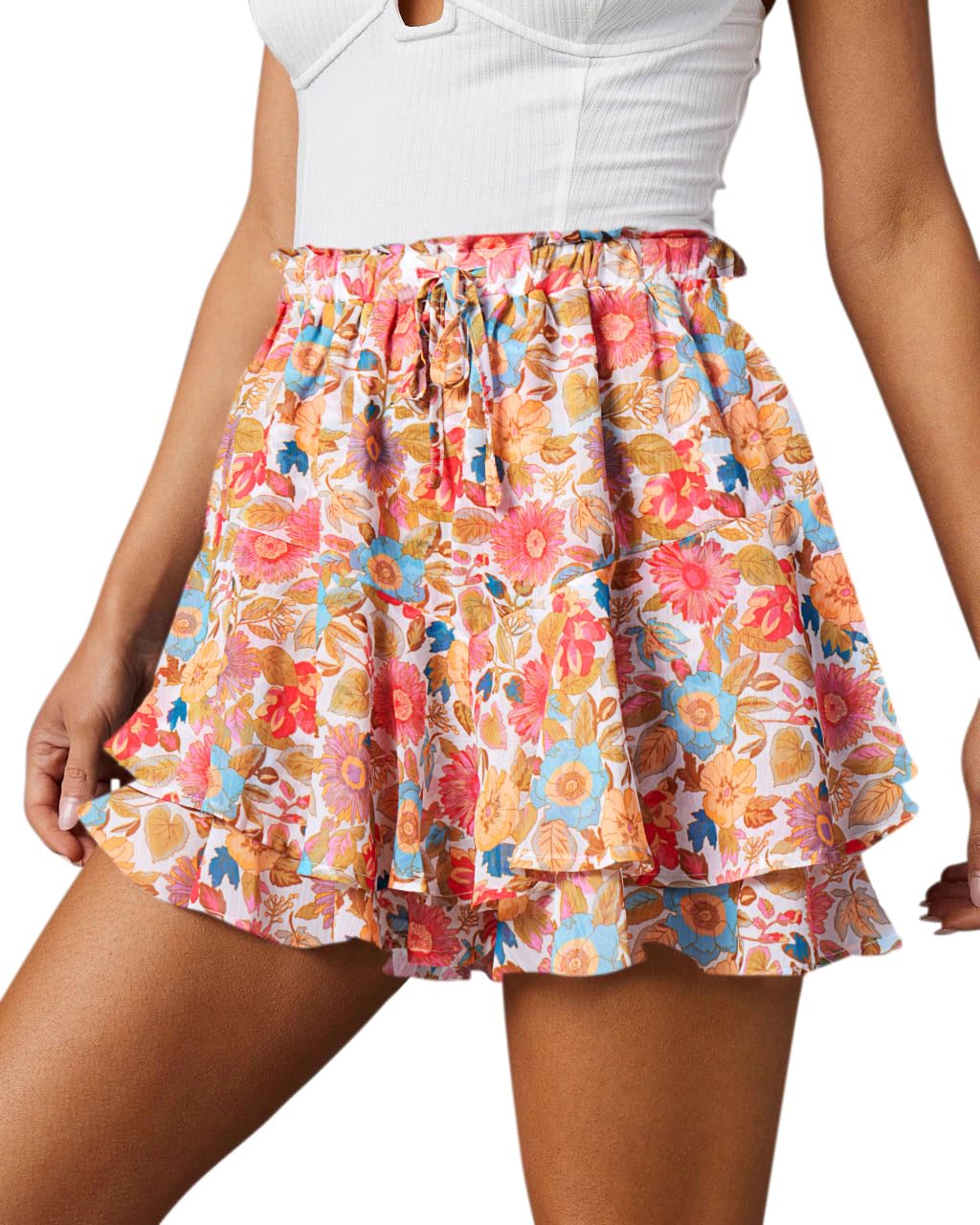 Photo 1 of (XXL) (BAGGED) siliteelon Flowy Shorts for Women Casual Boho Floral Skorts Ruffle Mini Skirts Running Tennis Butterfly Shorts Chiffon Shorts- Blue Red Floral XXL