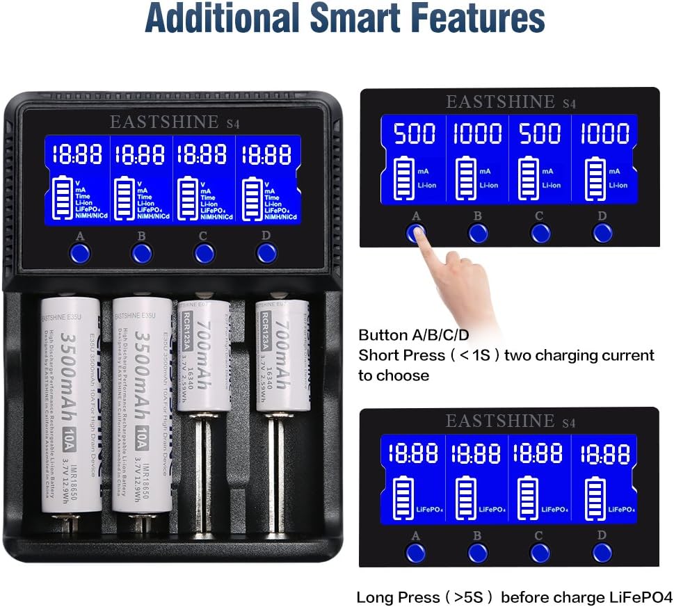 Universal Smart Battery Charger 4 Bay for Rechargeable Batteries Ni-MH Ni-Cd AA AAA C Li-ion LiFePO4 IMR 18650 26650 14500 16340 18500 10440 18350 17670 RCR123a with Car Adapter LCD Display UL Listed: Home Audio & Theater