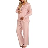 OUGES 100% Cotton Women's Maternity Nursing Pajamas Sets Button Down Breastfeeding Loungewear Top & Pants with Pockets