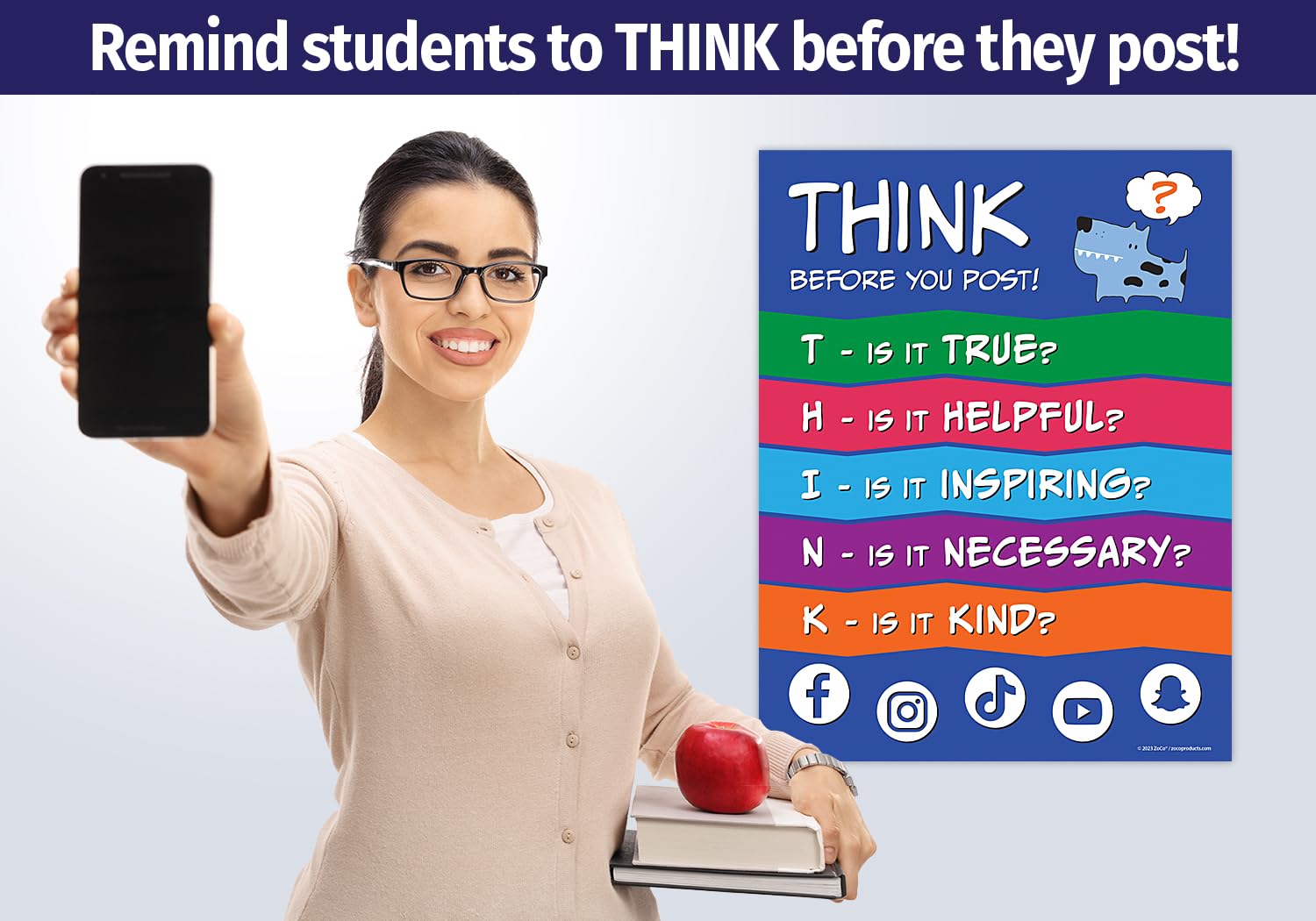 Safety Magnets THINK Before You Post Poster — Stop Bullying, Kindness, Growth Mindset, Middle School Classroom Posters — Laminated, 17 x 22 inches