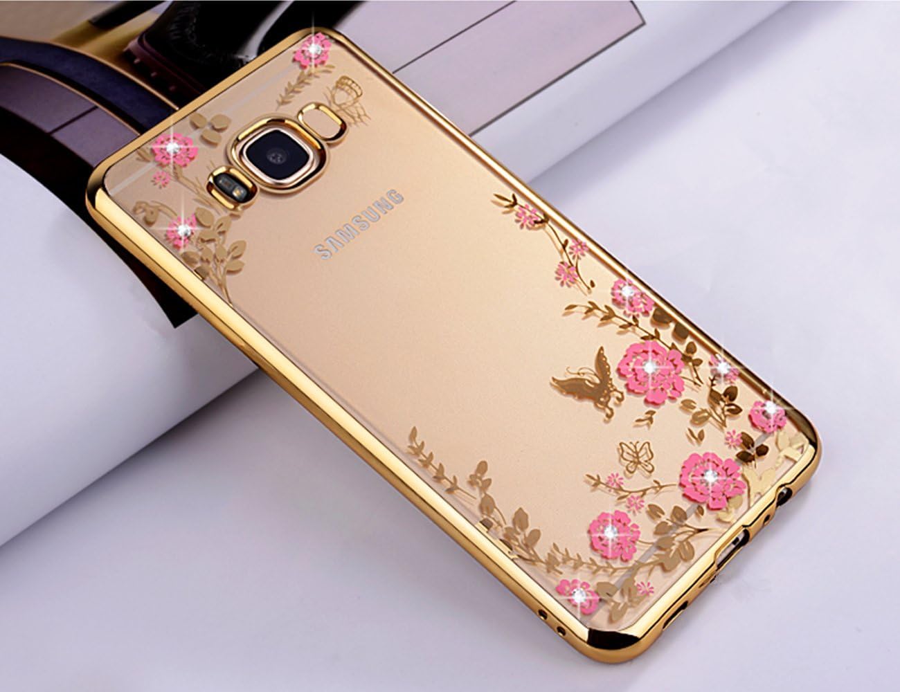 ZCRO Case for Samsung Galaxy J5 2016 / J510, Case Soft Cover Transparent Silicone Gel TPU Bling Glitter Diamonds Flower Design Slim Crystal Clear Cover for Samsung Galaxy J5 2016/J510 (Gold,Pink)