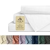 Linen Home Washed Cotton Percale Queen Sheet Set, White, Preshrunk, 4 Pieces Sets - 1 Flat, 1 Deep Pocket Fitted Sheet & 2 Envelope Closure Pillowcases, Soft, Cool and Comfortable Bed Linen