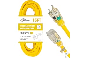 HONDERSON Indoor Outdoor Extension Cord Weatherproof with Lighted End, UL Listed, 12 Gauge 15FT Yellow 3 Prong Heavy Duty Extension Cord, 12/3 SJTW 15A Power Extension Cord for Outdoor Lights, Lawn