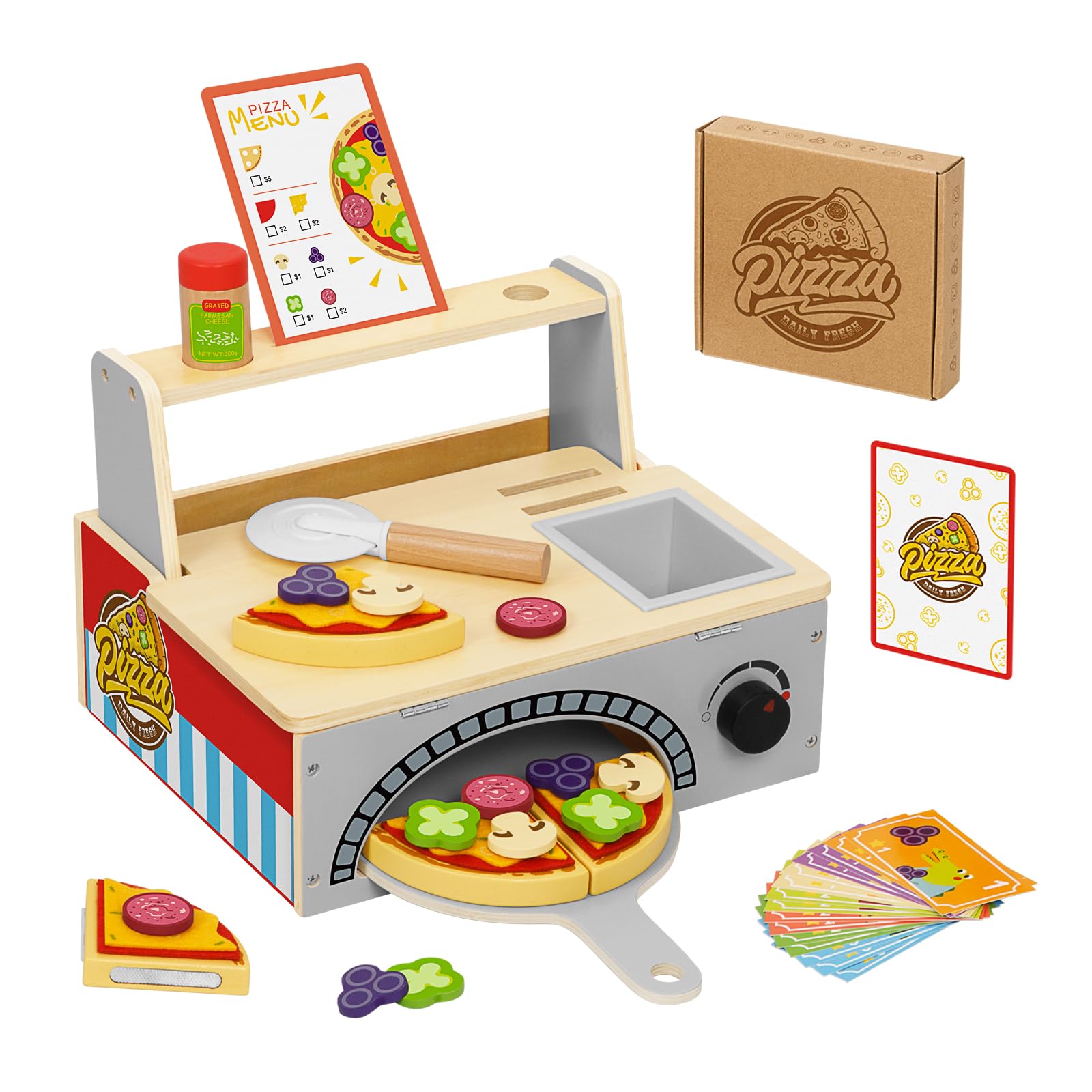 OOOK Wooden Pizza Toy for Kids, Pizza Counter Playset with Bake Oven, Montessori Pretend Play Food Toys with Play Kitchen Accessories, Role Play Set for 3 4 5 6 Year Old Boys Girls