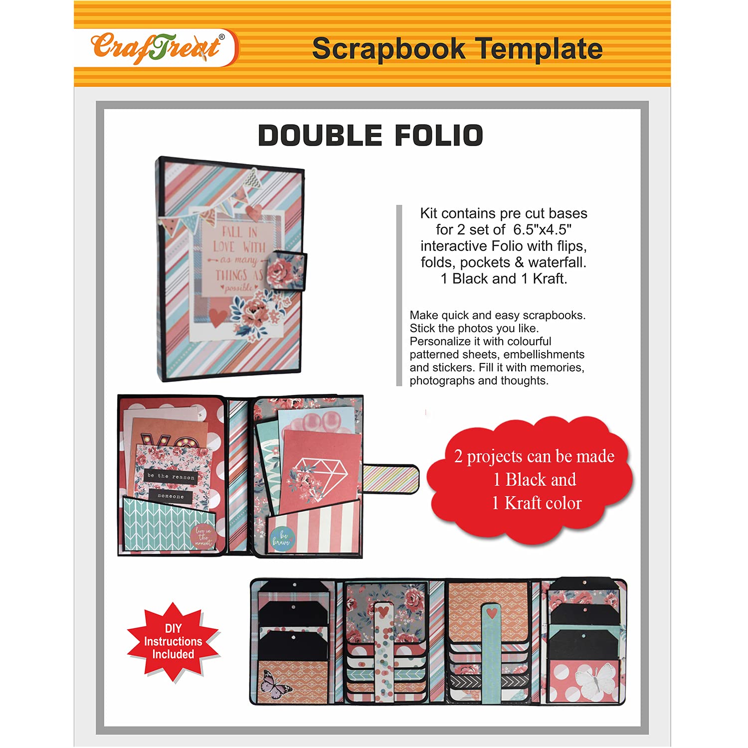 CrafTreat Double Folio DIY Scrapbook Blanks – 2 Sets (Black & Kraft) with Precut Die Cuts, Magnets & Tutorials for Interactive Flip Fold Waterfall Albums