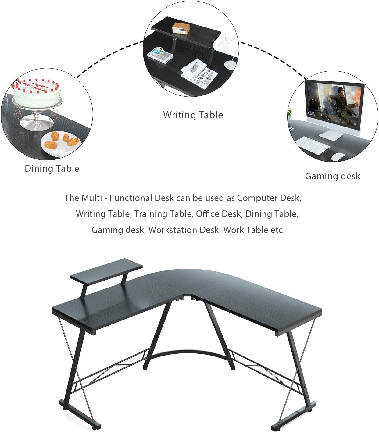Foxemart L Shaped Desk 50.8" Computer Desk with Round Corner Modern Sturdy Gaming Home Office Desks with Large Monitor Shelf for Office, Workstation, Bedroom, Living Room, Black: Kitchen & Dining