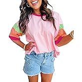 miduo Womens Casual Loose Fit Color Block Stitching Short Sleeve Crew Neck Top T Shirts