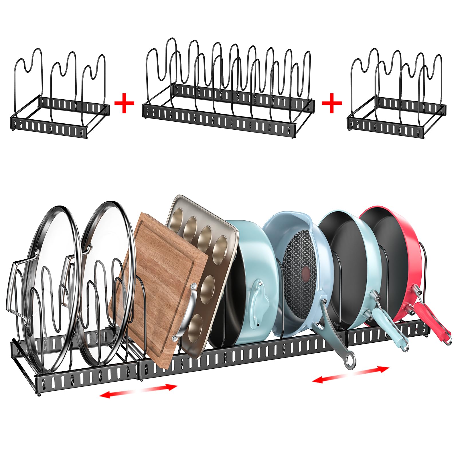 Photo 1 of X-cosrack 15 Adjustable Dividers Pot and Pan Organizer Rack, 7" D x 32" W x 7.1" H, 3 in 1, Expandable Lid Bakeware Cupboard Rack Holder for Kitchen Cabinet Pantry Countertop, Black (Patent Pending)