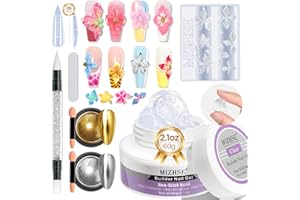 MIZHSE Solid Builder Gel for Nails, Clear 60g 3D Sculpting Gel for Nail Art Non-Sticky Molding Hard Gels UV LED Nail Charm with Gold Chrome Nail Powder and 3D Silicone Flower Mold Kit for DIY Salon