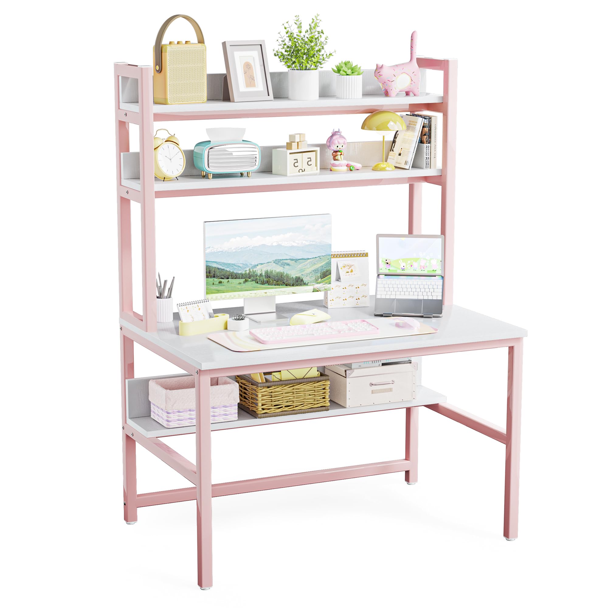 Photo 1 of **box was open**Aquzee Pink Desk with Hutch for Girls, 47in Computer Desk with Bookshelf for Teens Adults, Craft Table for Bedroom Kids Room, White Pink Study Table with Shelves for Storage