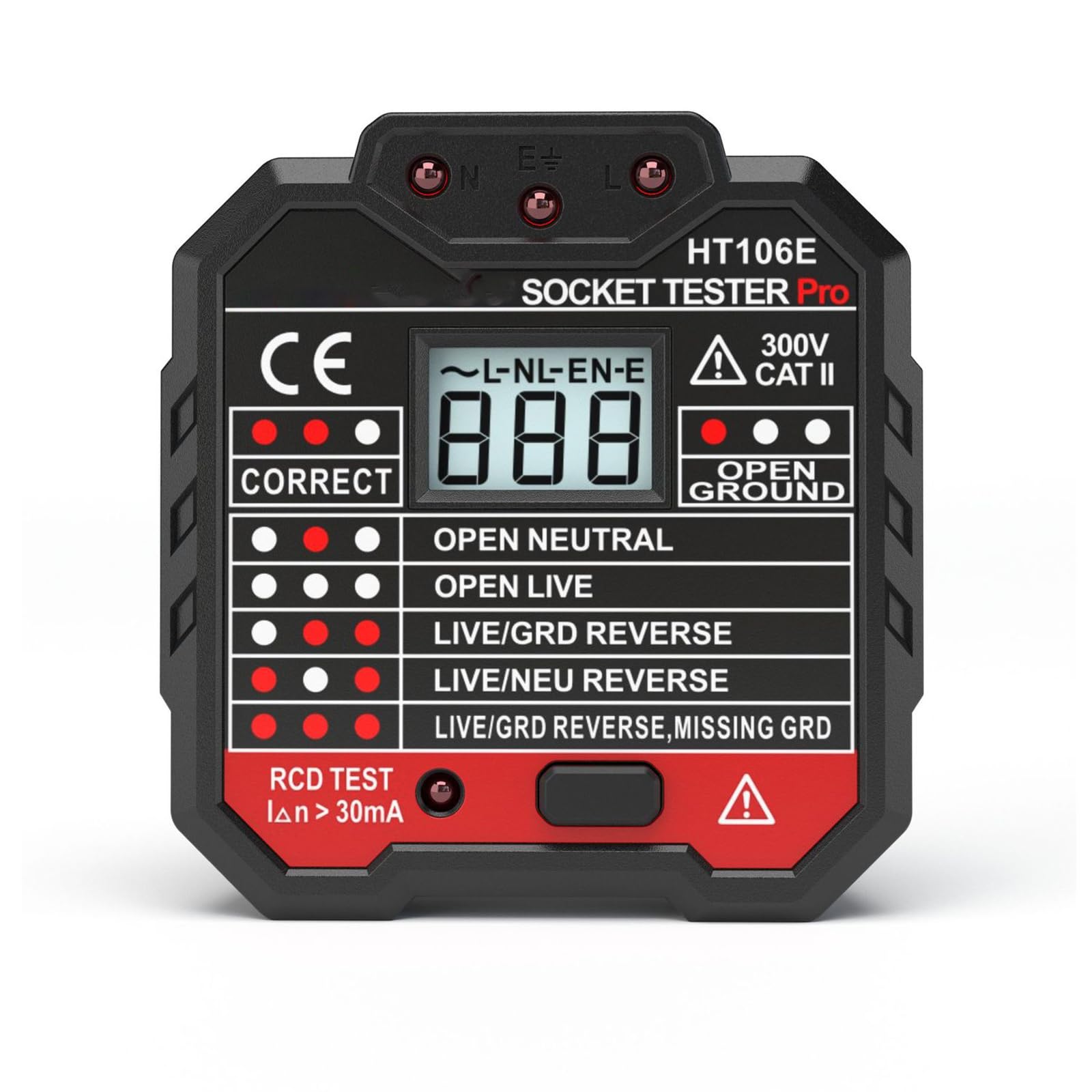 HT106E Digital Socket Tester - UK 90-250v Voltage Detector for Neutral/Live/Earthwire/RCD Testing