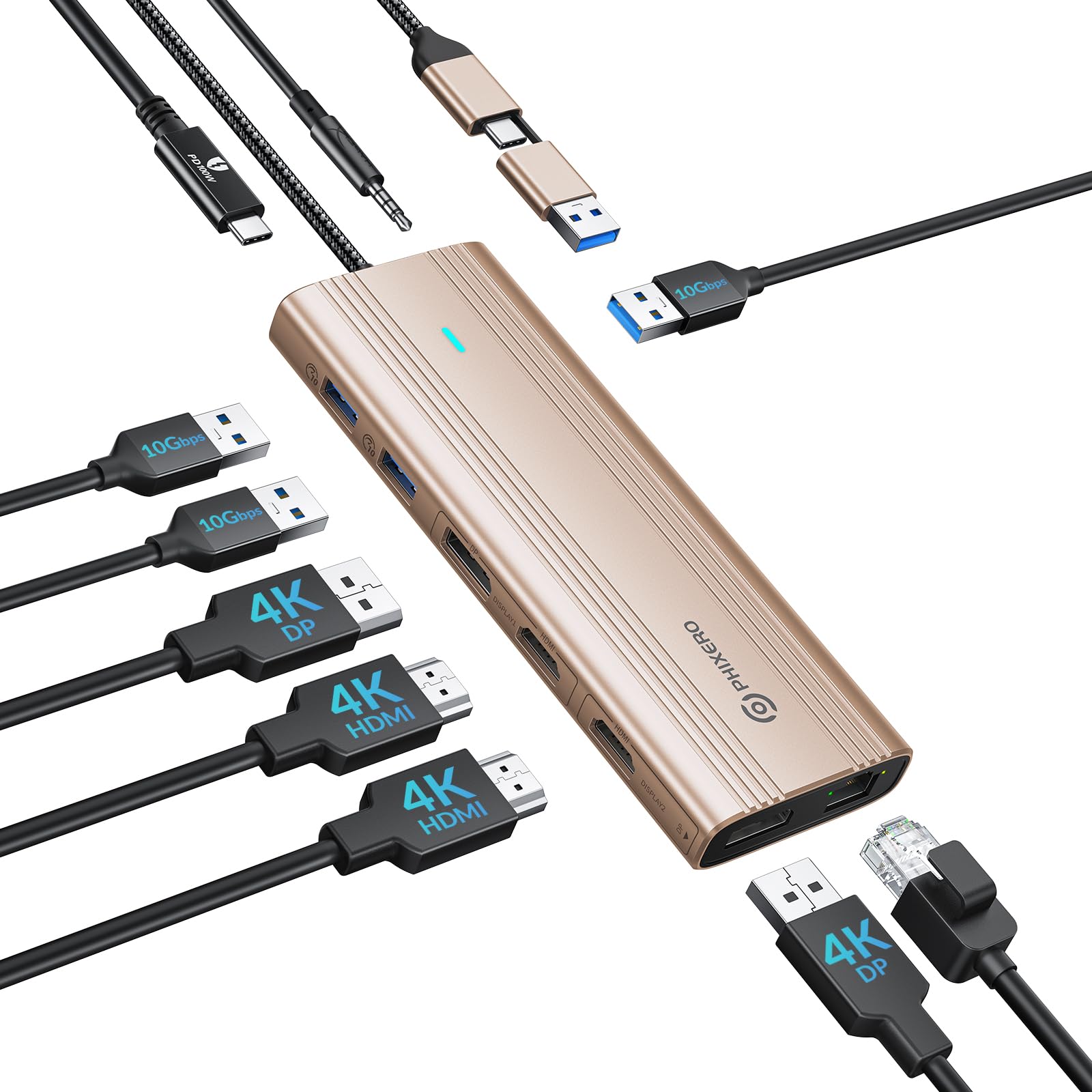PHIXERO 10 in 1 USB Docking Station Dual Monitor 4K@60HZ for Mac M1/M2, Displaylink Dock with 2 HDMI & 2 DP, 100W PD, 3 USB 3.2Gen2 [10 Gbps], Ethernet, Audio, Compatible with Thunderbolt, Windows, et
