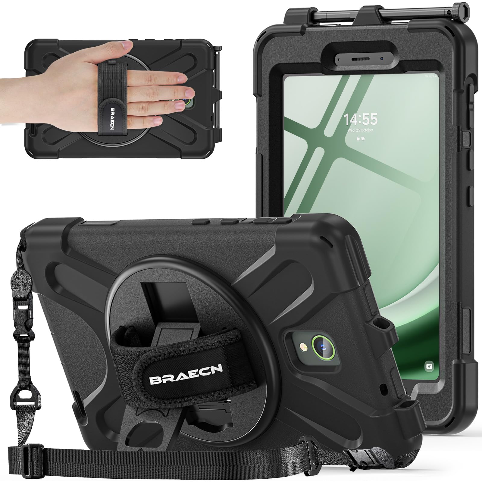Photo 1 of BRAECNstock for Samsung Galaxy Tab Active 5/ Active 3 Case 8 inch with Screen Protector Shockproof Protective Galaxy Tab Active 5/3 Tablet Cover for Kids Rotating Hand Strap + Stand Pen Holder - Black