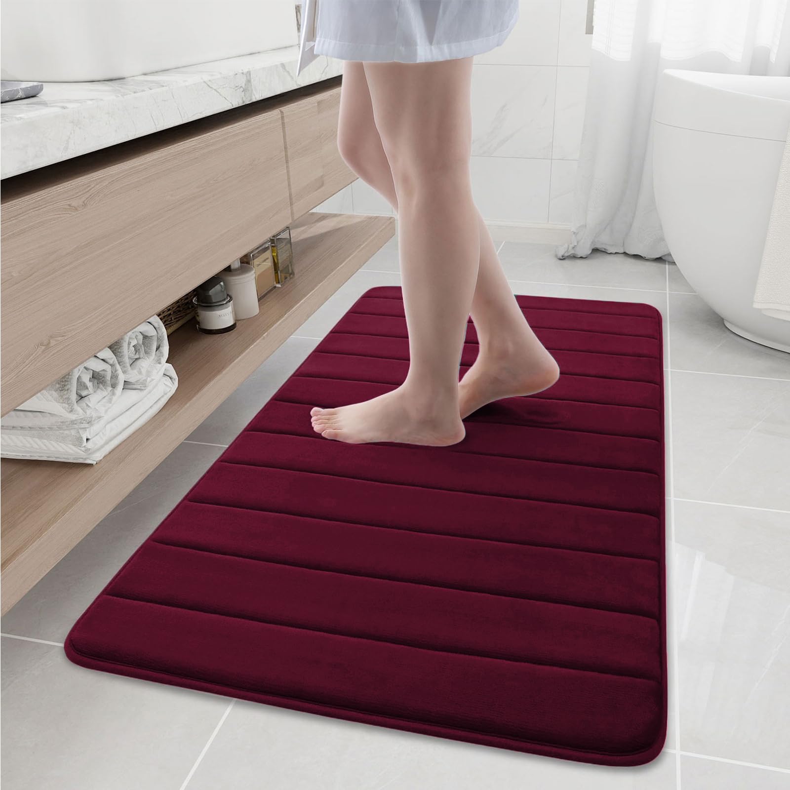 Photo 1 of Buganda Memory Foam Bath Mat, 47" x 24", Ultra Soft and Non-Slip Bathroom Rugs, Water Absorbent and Machine Washable Bath Rug Runner for Bathroom, Shower, and Tub, Burgundy
