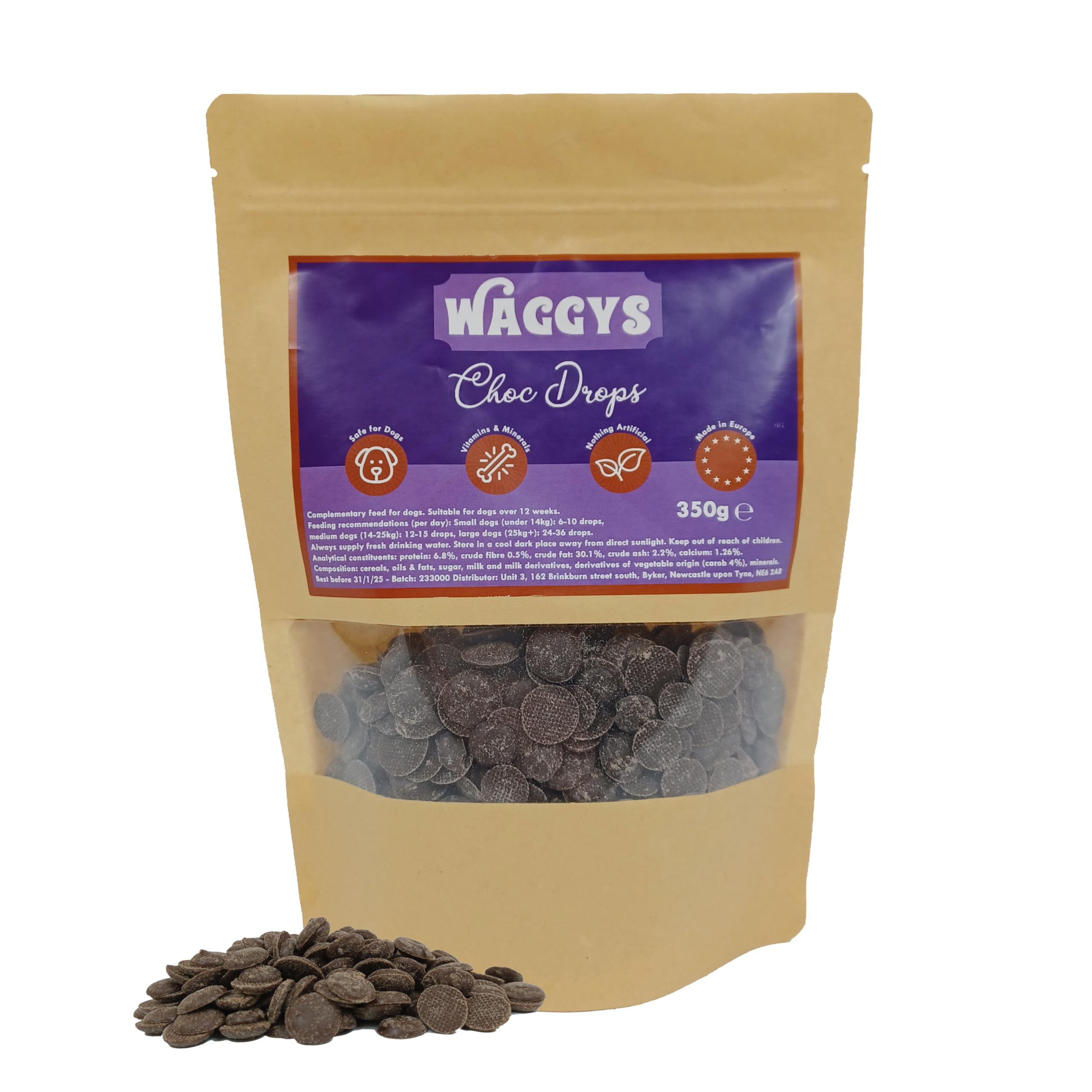 Waggy’s Dog Chocolate Drops – 100% Safe Choc Button Treats for Dogs | Natural & Healthy with Added Vitamins & Minerals | Ideal for Dog Training | Soft Treats for Older Dogs | Releasable Bag (350g)