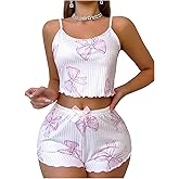 SHENHE Women's Cute Ruffle Trim Bow Printing Camisole and Shorts Sleepwear 2 Piece Pajama Set
