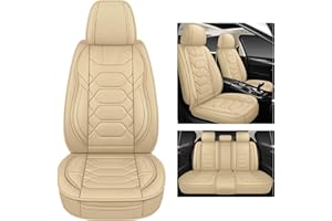 Pariitadin Leather Car Seat Covers Full Set, Waterproof Breathable Faux Leather Automotive Seat Covers for Cars, Non-slip Car Interior Covers Universal Fit Most Cars Sedans Trucks SUVs, Beige