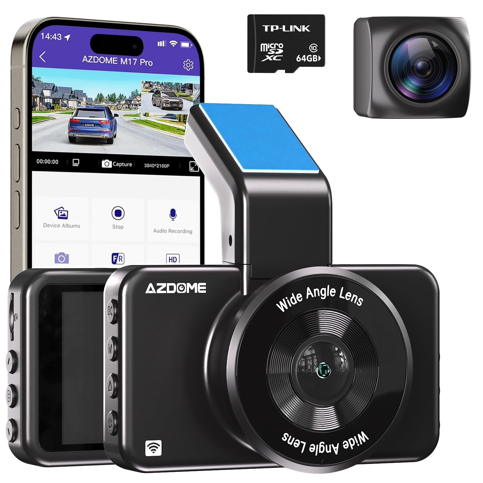 Photo 1 of AZDOME 4K Dash Cam Front and Rear 1080P, Free 64GB Card Included, 5.8GHz WiFi Dual Dash Camera for Cars, 3" IPS Screen Dashcam, Car Camera with G-Sensor, 170°Wide Angle,24H Parking Mode Voice Control