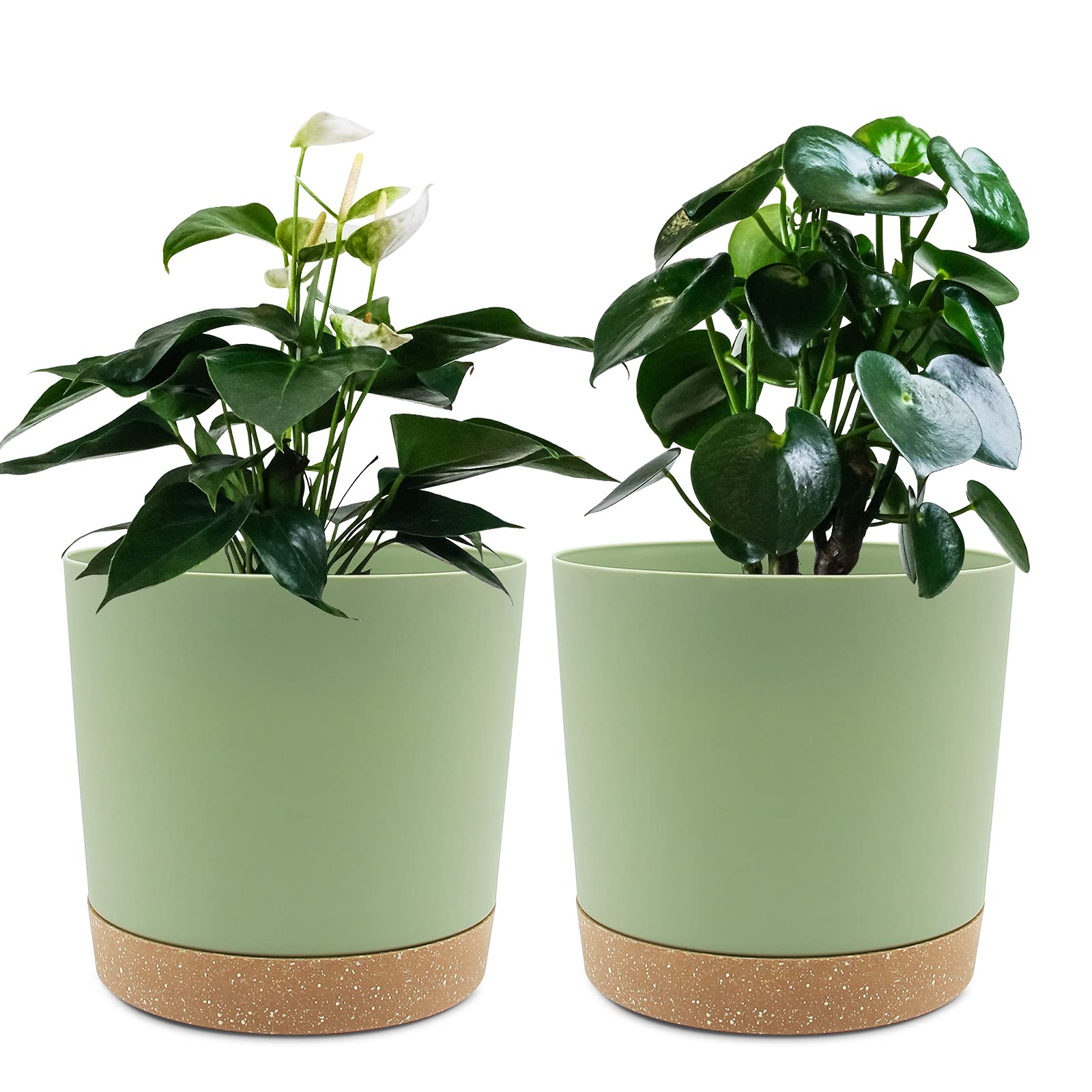 QCQHDU 16.5cm Plant Pot, 2 Pack Planters for Indoor Plants with Drainage Holes & Saucer, Outdoor Flower Pots Home Garden Modern Decor (Green, 16.5cm)