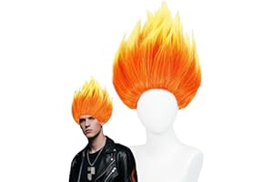 HALF AND HALF Flame Fire Wig Emotion Heat Wigs Short Gradient Orange Costume Wig Synthetic Hair for Unisex Halloween Party