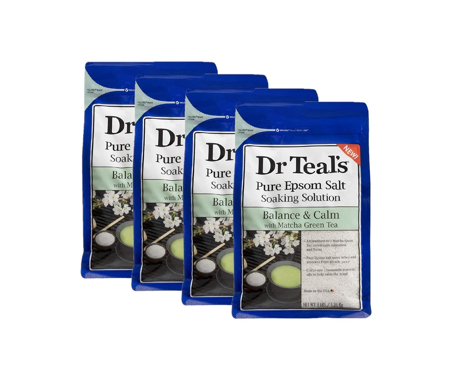 Dr. Teal's Epsom Salt - Matcha Green Tea Mineral Soak, Balance & Calm, 3 pounds each bag (Pack of 4)
