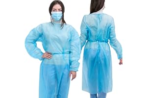 Disposable Isolation Gowns Blue, 10 Gowns - Long Sleeve PPE Gowns, Elastic Cuffs Hospital Gowns with Apron Style Neck - Mater